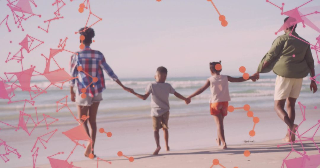 Family Bonding at Beach with Digital Network Overlay