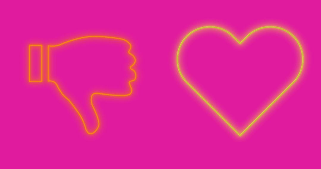 Neon Thumbs Down and Heart Icons on Pink Background