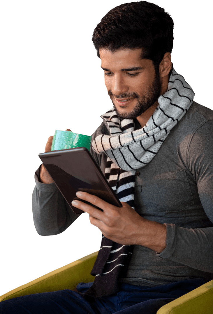 Transparent Tech-Savvy Man Relaxing with Tablet and Tea