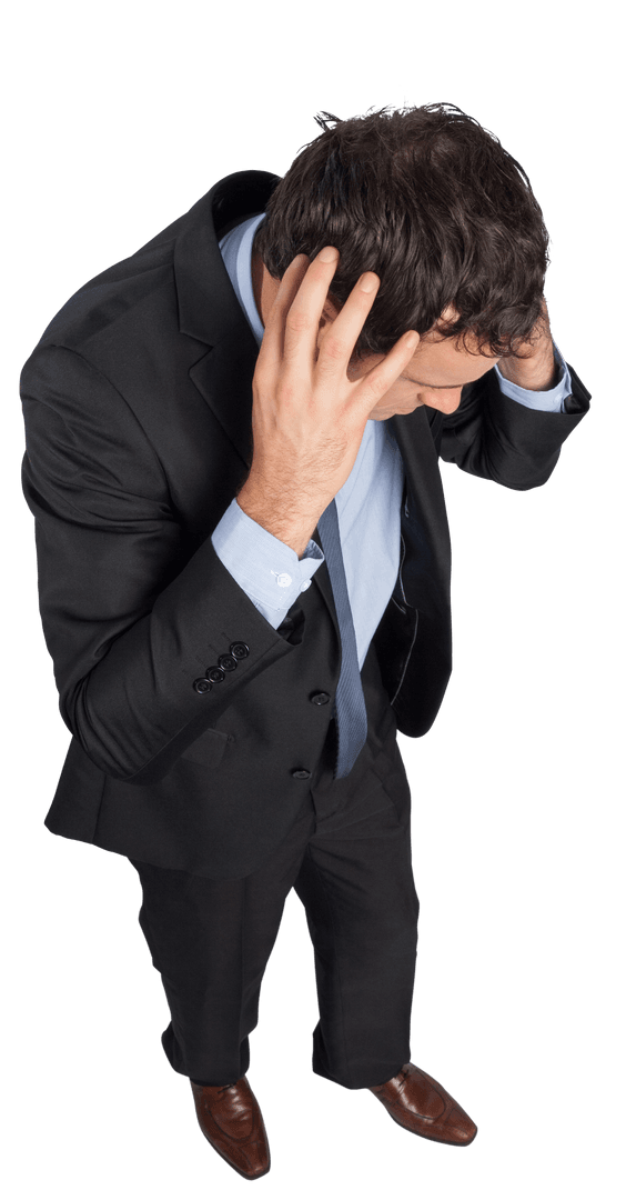 Businessman in Distress with Hands on Head Pose Transparent Image