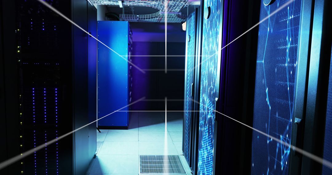 Futuristic Data Center With Digital Overlay in Server Room