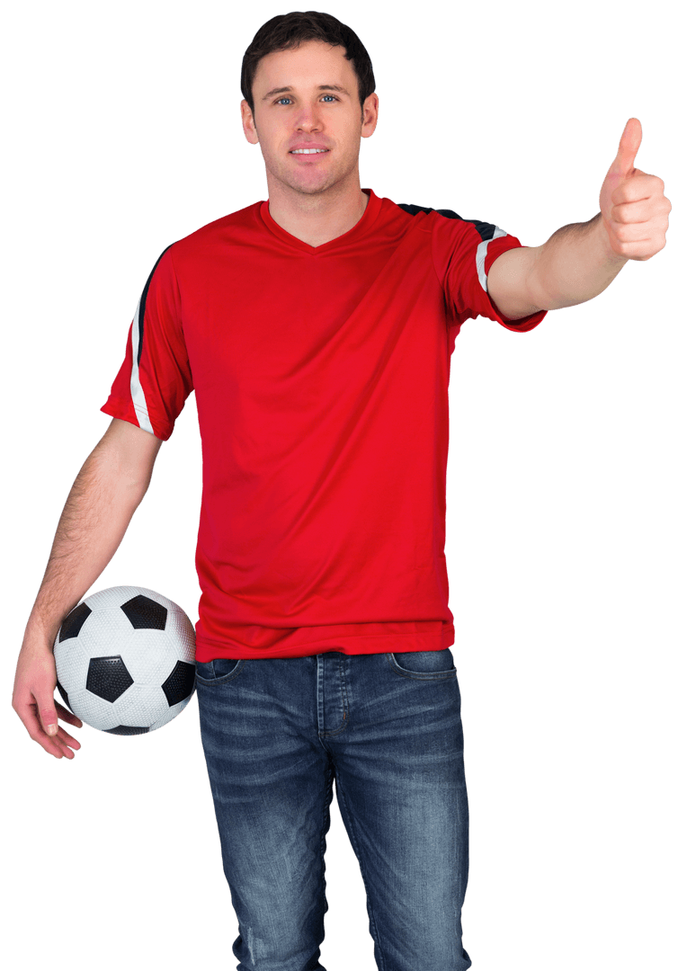 Smiling Football Enthusiast in Red Shirt Giving Thumbs Up on Transparent Background