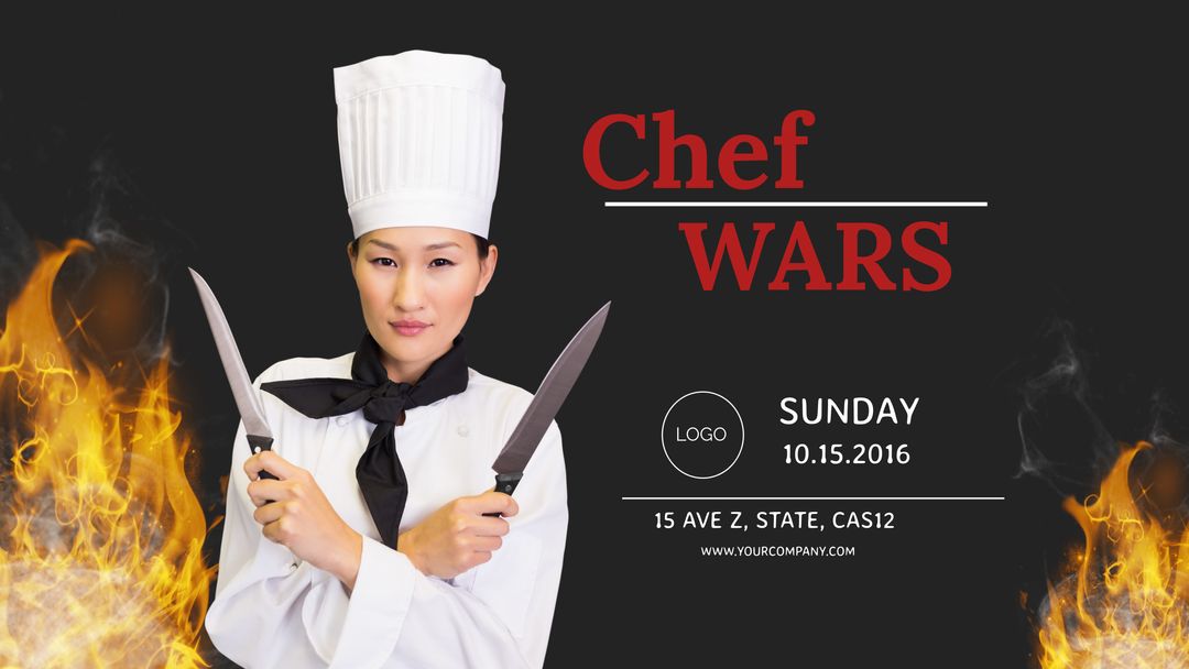 Competitive Cooking Event Poster Featuring Chef with Knives and Flames