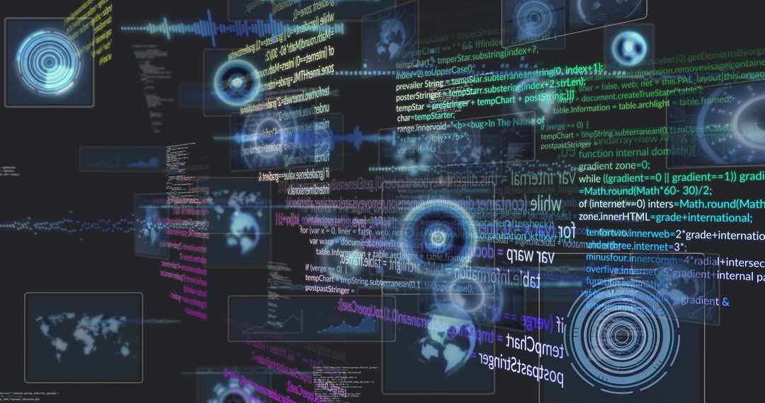 Abstract Digital Data Streams and Global Interfaces on Black Background