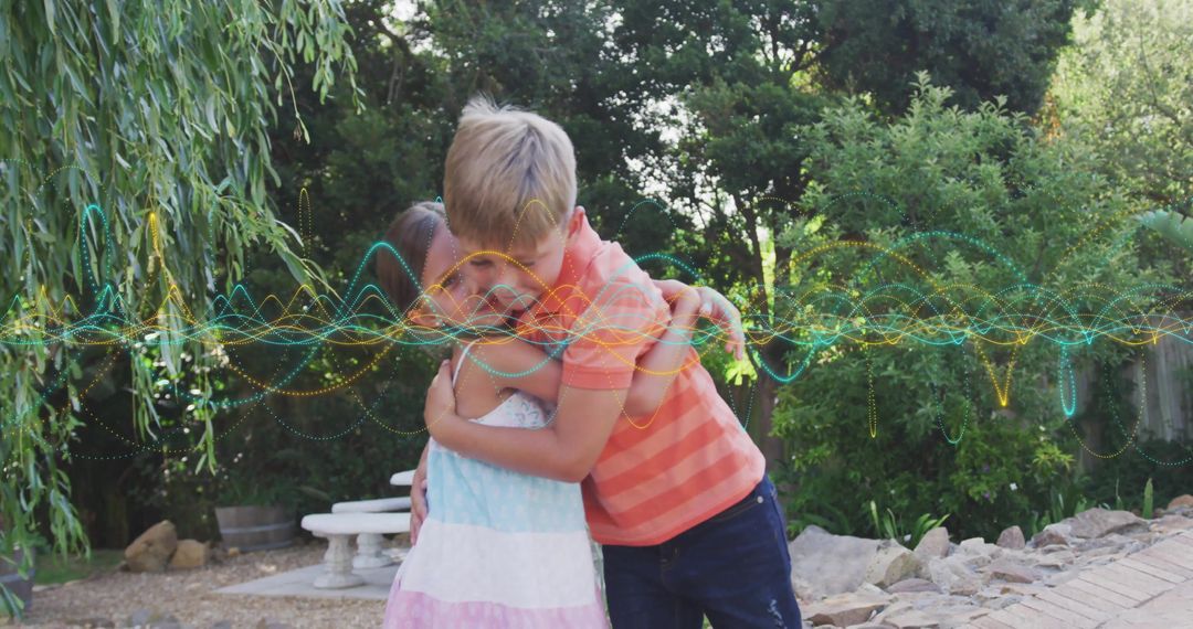 Children Hugging Amid Nature with Colorful Waveform Overlay