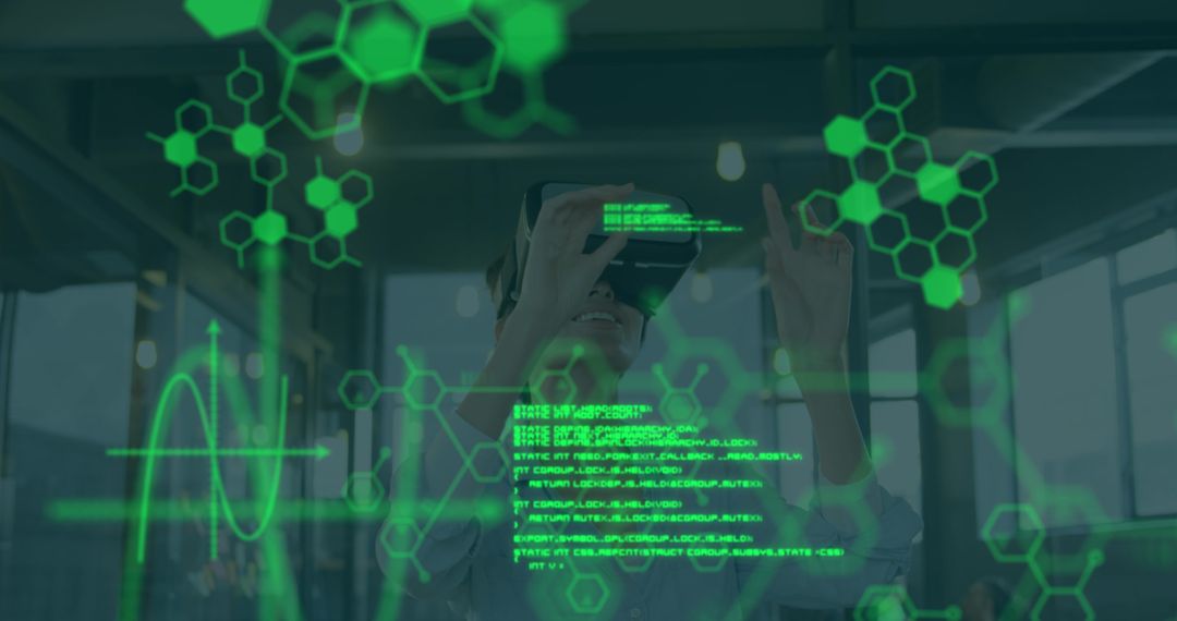 Scientist Engaged in Virtual Research Using VR Headset in Modern Office