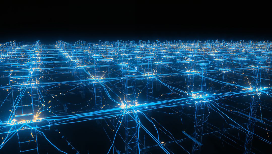 Neon-Blue Grid of Glowing Transmission Towers Visualizing Digital Power Network