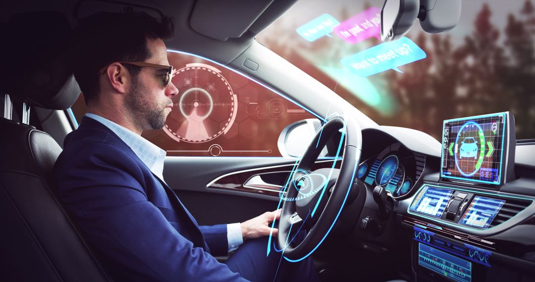 Businessman in Autonomous Car with Futuristic Interface
