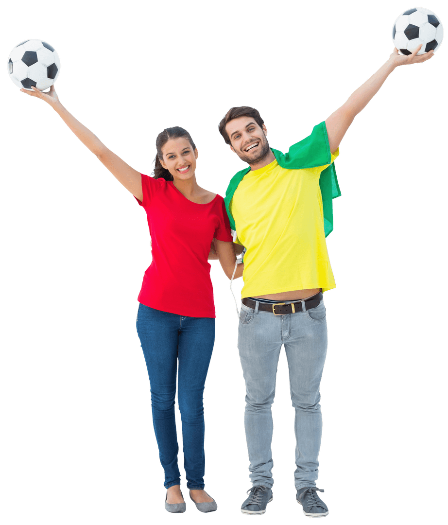 Joyful Couple Celebrating with Soccer Balls on Transparent Background