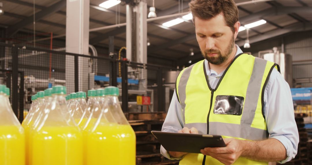 Quality Inspector in Reflective Vest Examining Bottled Juice in Factory - Free Images, Stock Photos and Pictures on Pikwizard.com