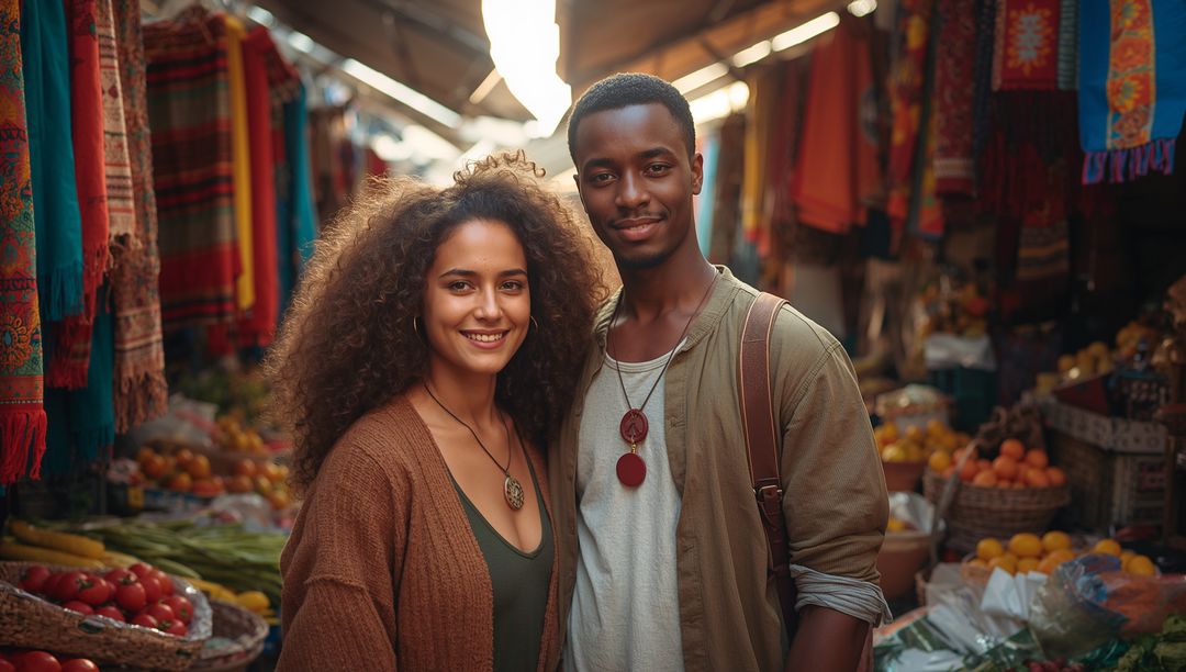 Smiling Young Couple Exploring Colorful Bazaar With Fresh Produce and Textiles