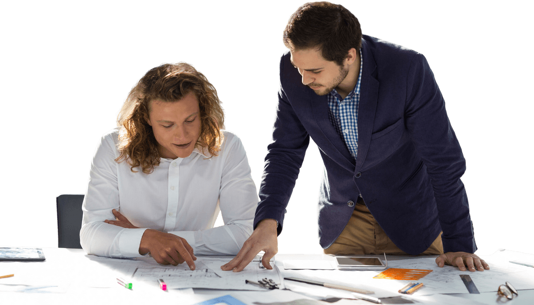 Transparent Male Colleagues Collaborating at Office Table