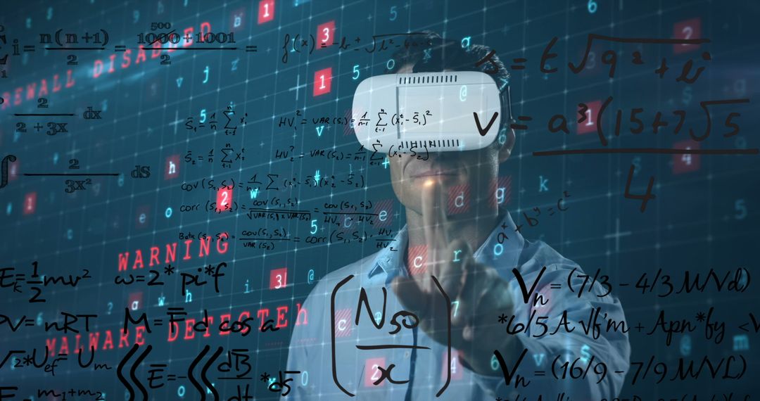 Man in VR Headset Interacting with Digital Security Interface