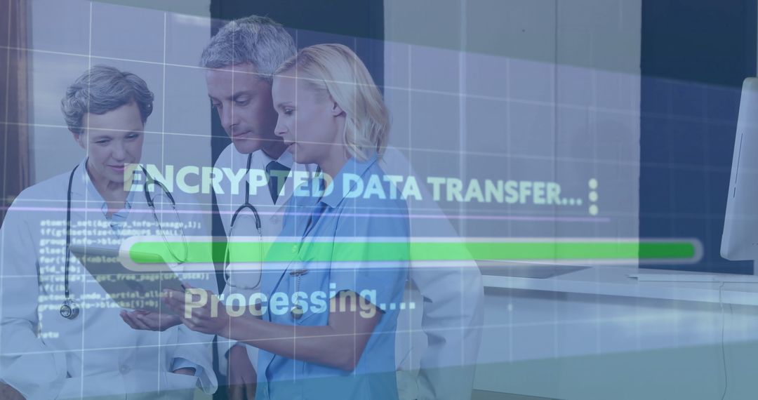 Medical Team Reviewing Encrypted Data on Digital Tablet