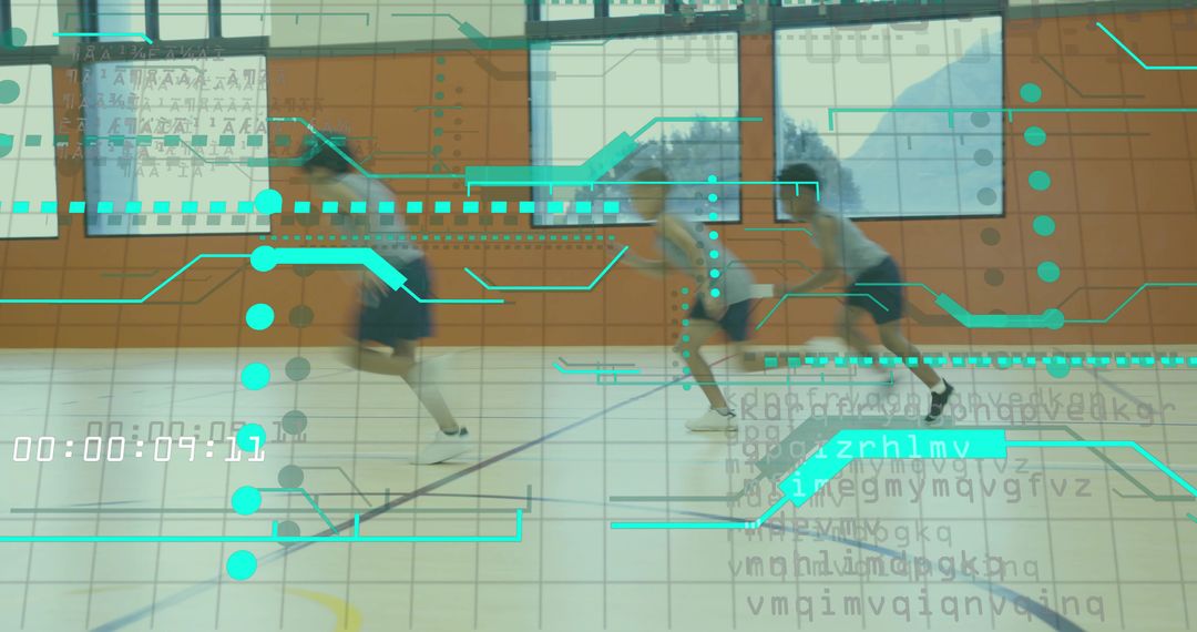 School Boys Sprinting with Futuristic Digital Overlay