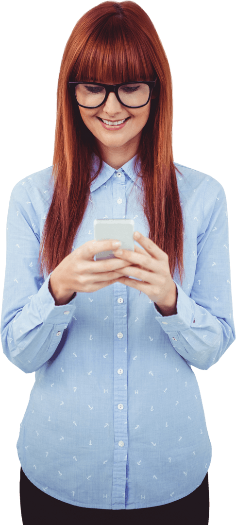 Smiling Hipster Woman Texting on Smartphone with Transparent Background