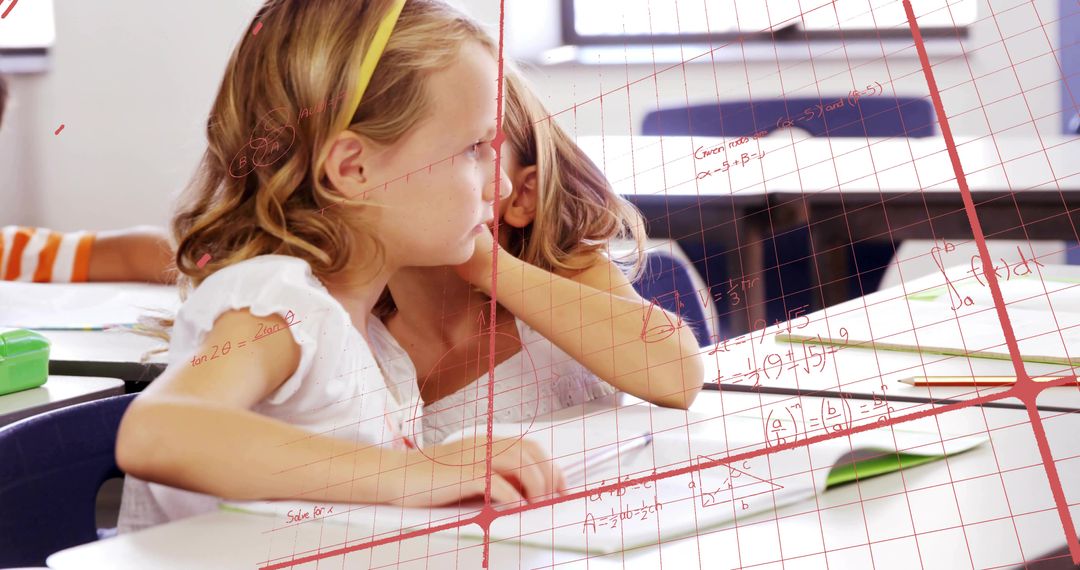Young student leaning toward classmate collaborating over math worksheets in classroom