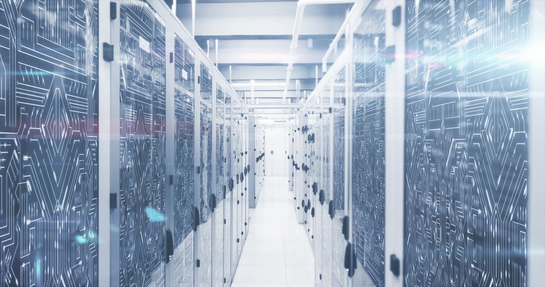 Futuristic Server Room Corridor with Technology Overlay and Lens Flare