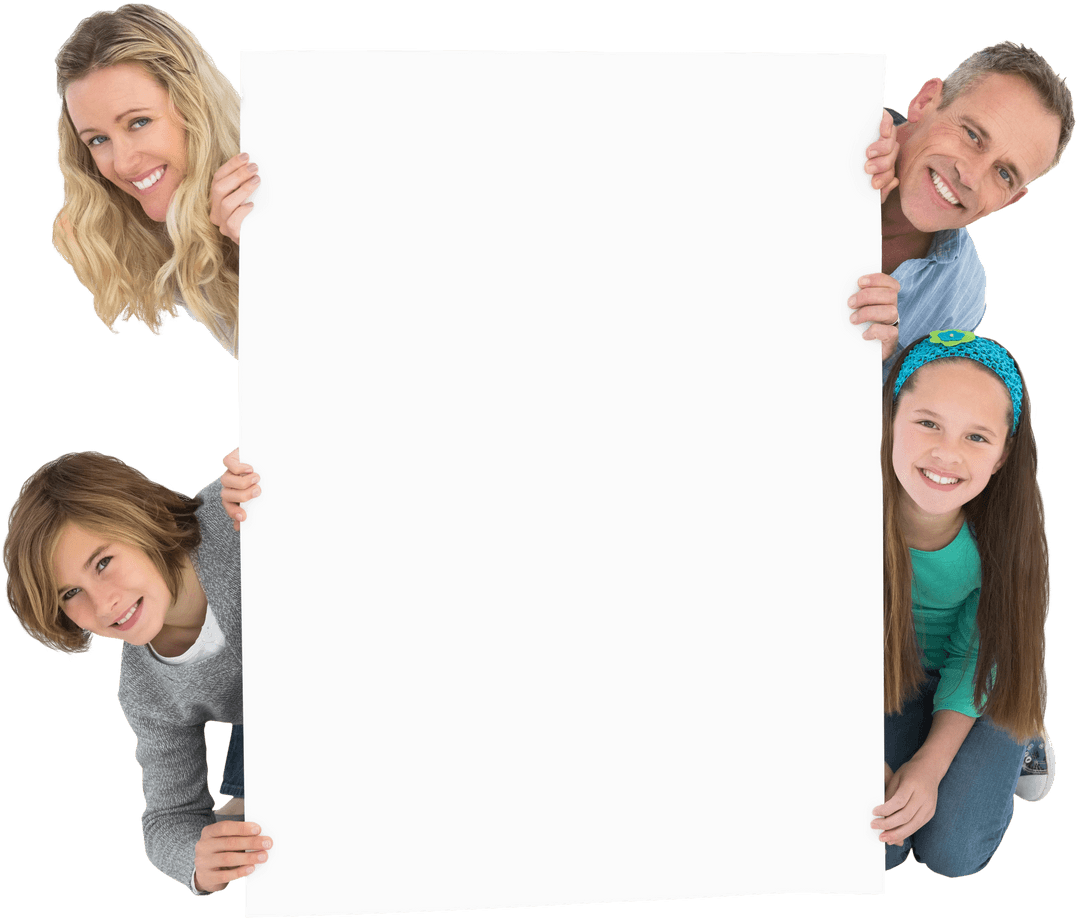 Family Collaborating Holding Transparent Blank Billboard