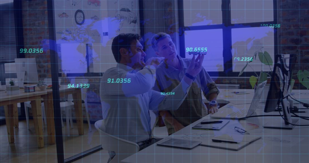 Innovative Engineers Discussing Digital Car Model in Tech Workspace