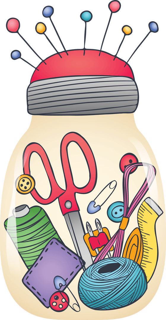 Transparent Jar of Sewing Supplies with Needles and Thread