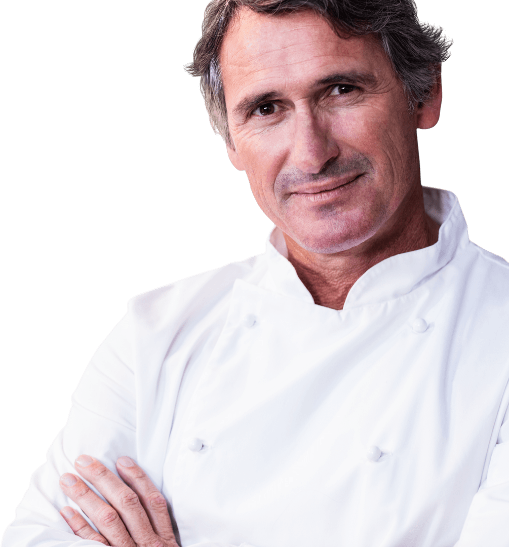 Confident Smiling Chef with Crossed Arms in Kitchen on Transparent Background