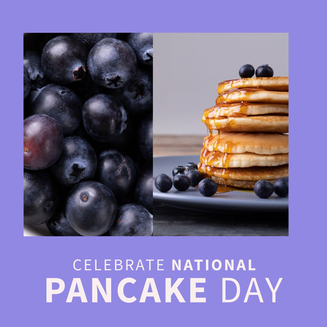 Celebrate National Pancake Day with Syrupy Stacks of Blueberry Pancakes and Fresh Berries - Download Free Stock Templates Pikwizard.com