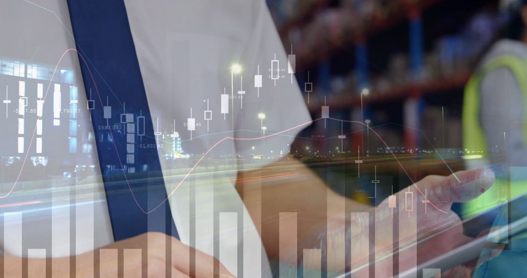 Digital Finance Overlay with Warehouse Worker and Cityscape