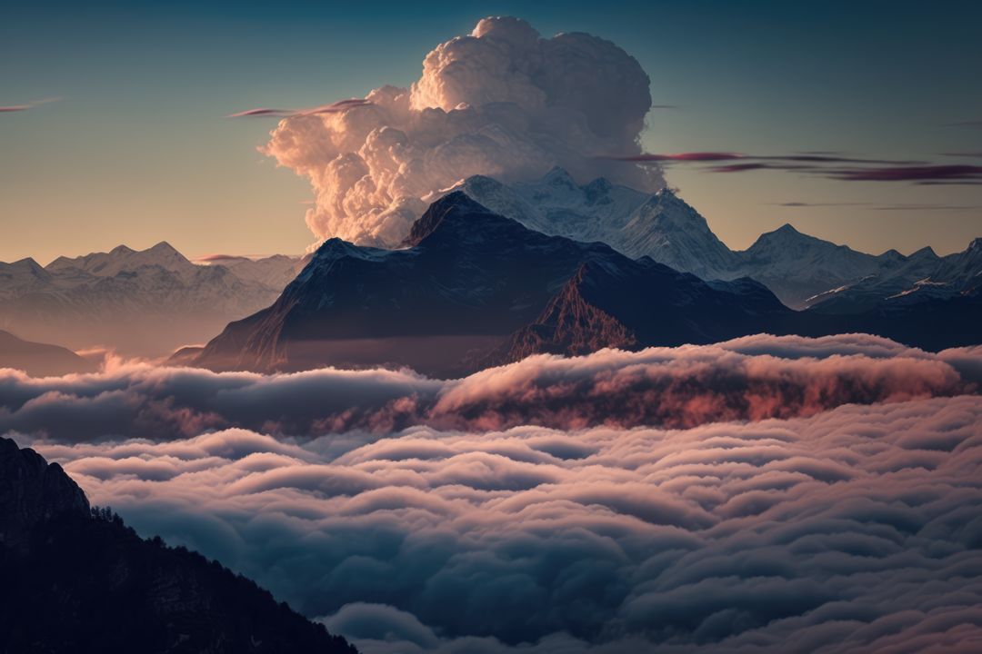 Sunset Over Mountain Peaks with Cloud Sea - Free Images, Stock Photos and Pictures on Pikwizard.com