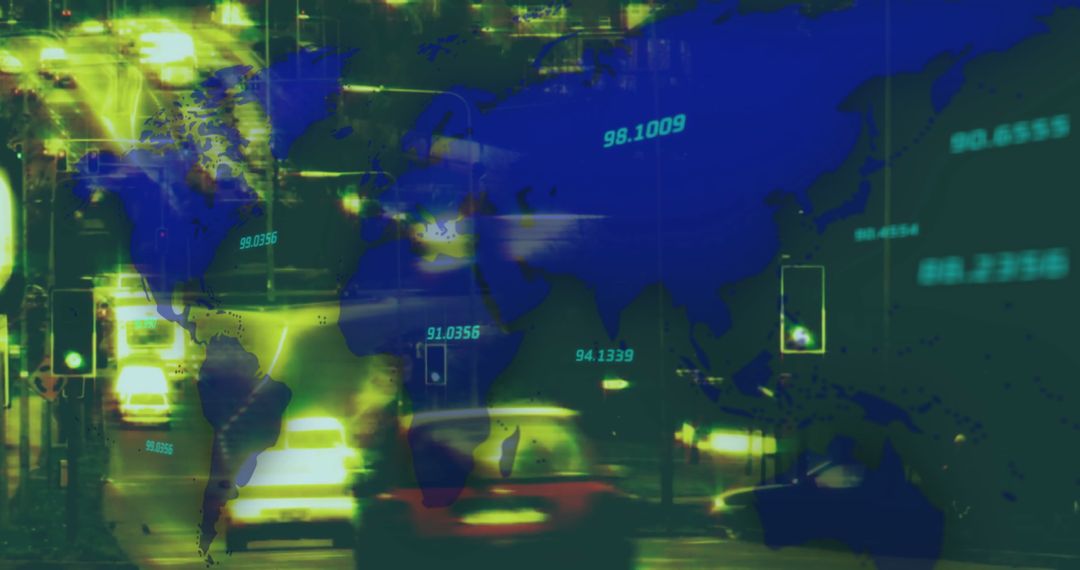 World Map Overlay on Busy Cityscape with Digital Data Presentation