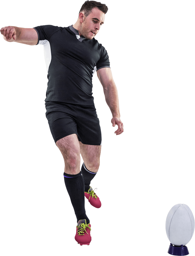 Rugby Player in Full Motion Kicking Ball on Transparent Background
