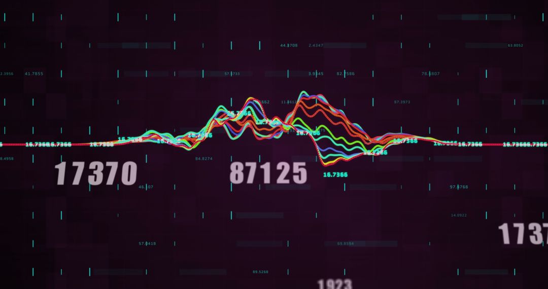 Vibrant Data Visualization with Flowing Line Graphs and Shifting Numbers