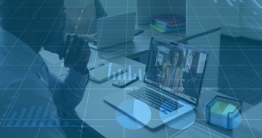 Business Professional on Video Call Analyzing Data Charts