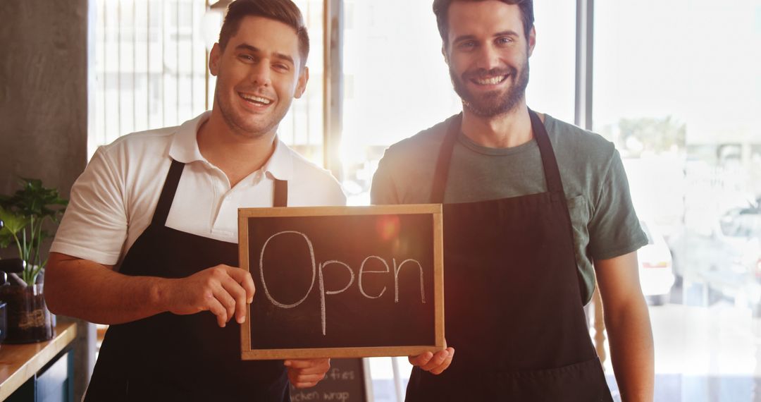 Two Male Baristas Holding Open Sign Smiling - Free Images, Stock Photos and Pictures on Pikwizard.com