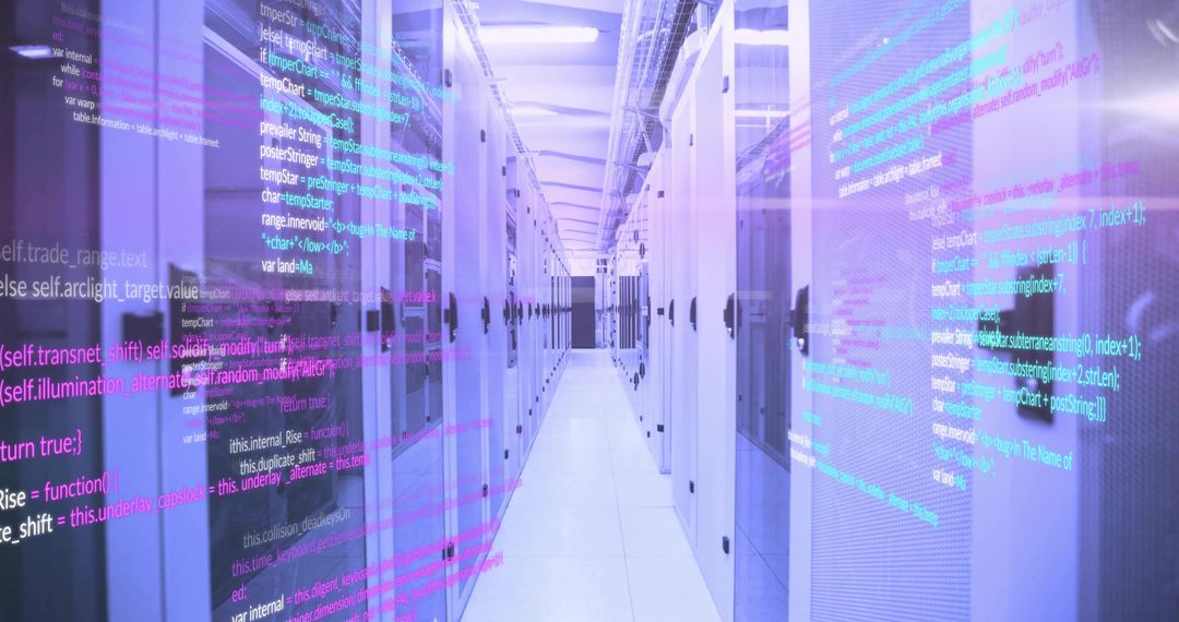 Futuristic Data Center Corridor with Virtual Code Overlays