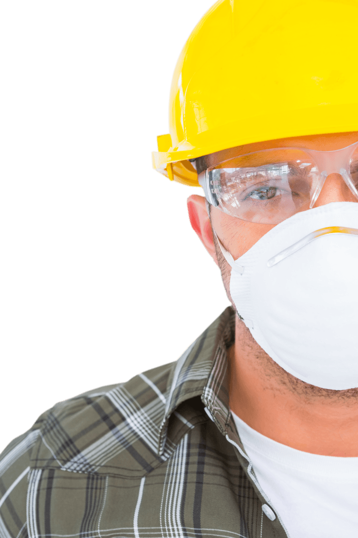 Handyman Wearing Protective Gear with Yellow Hard Hat on Transparent Background