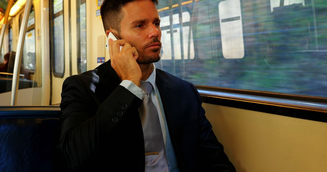 Businessman Talking on Smartphone During Train Ride - Free Images, Stock Photos and Pictures on Pikwizard.com