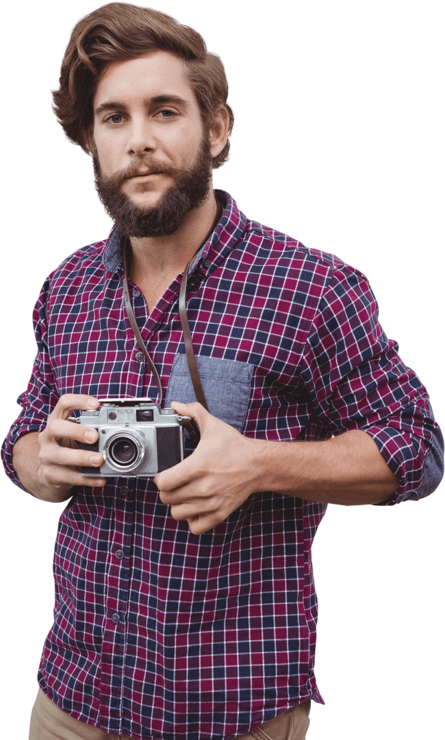 Transparent Portrait of Bearded Hipster with Retro Camera