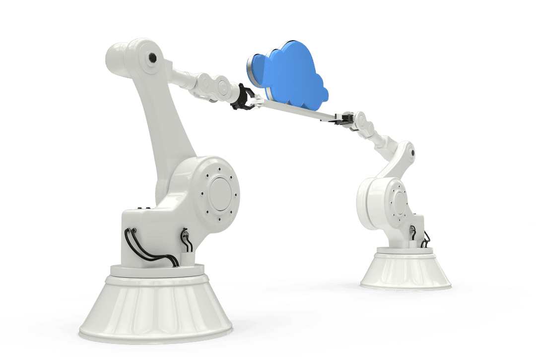 Robotic Arms Holding Cloud Server on Transparent Background