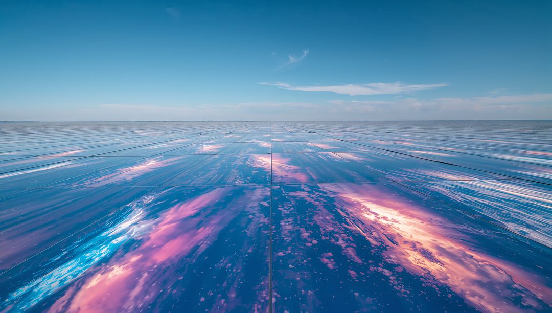 Endless Mirrored Plane Reflecting Pink and Blue Clouds Across Glossy Horizon