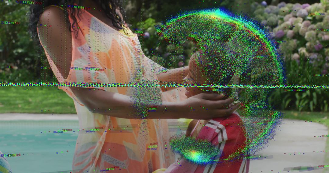Mother Adjusting Daughter's Hat By Pool With Digital Glitch Overlay