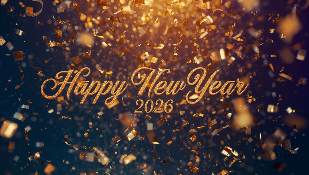 Golden Happy New Year 2026 Confetti Celebration with Sparkling Calligraphy and Bokeh