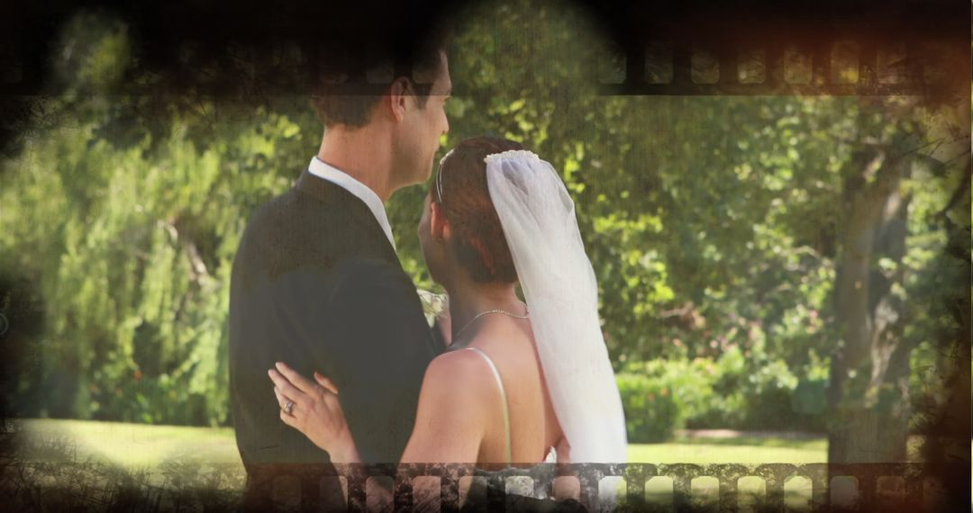 Embracing Bride and Groom in Sunlit Garden Setting