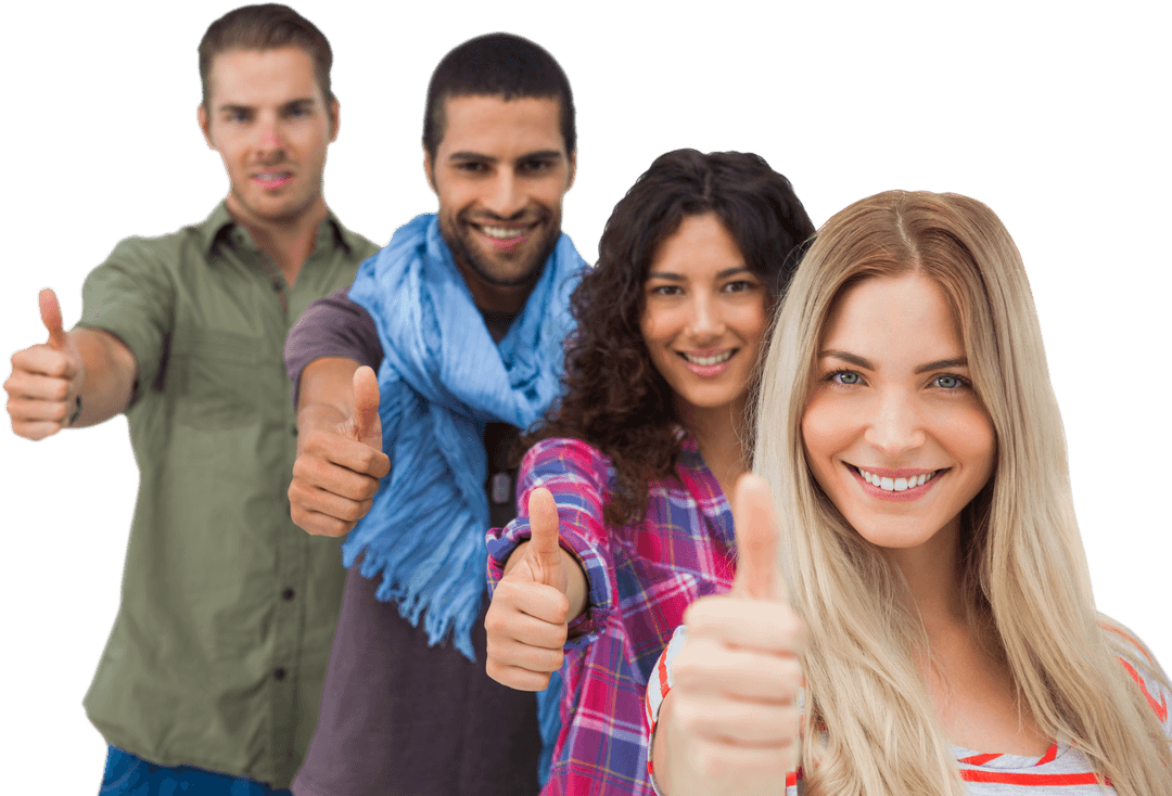 Diverse Group of Happy Friends with Thumbs Up Gesture Transparent