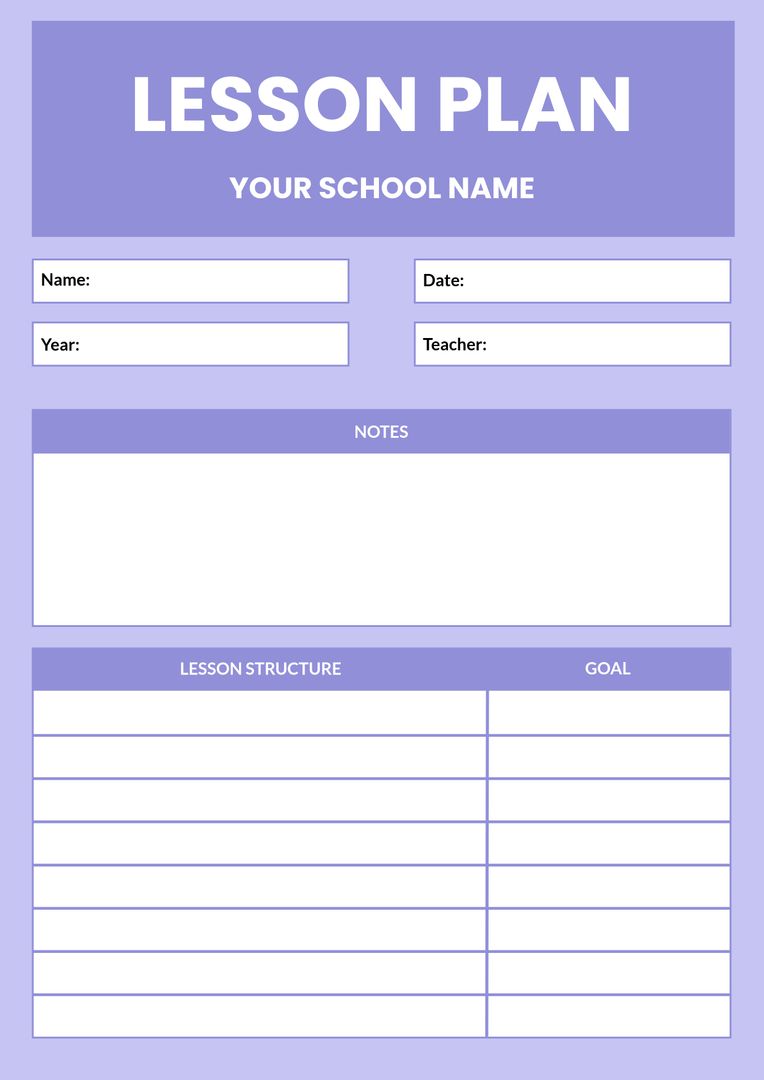 Purple Lesson Plan Template for Teachers with Structured Layout - Download Free Stock Templates Pikwizard.com