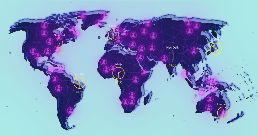 Global Network Connectivity Across Time Zones Illustrating Digital Communication