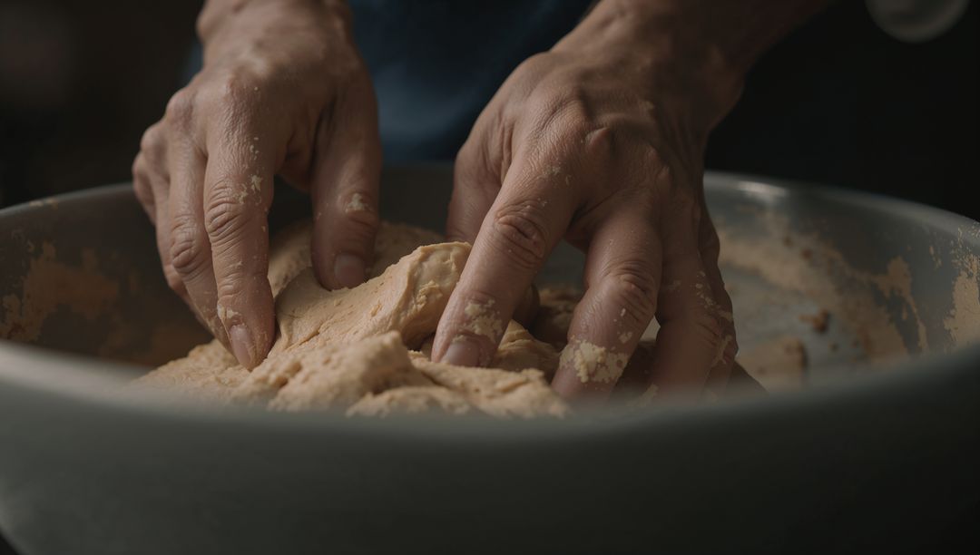 Kneading Hands Working Rustic Dough in Metal Bowl Closeup for Artisanal Baking Content
