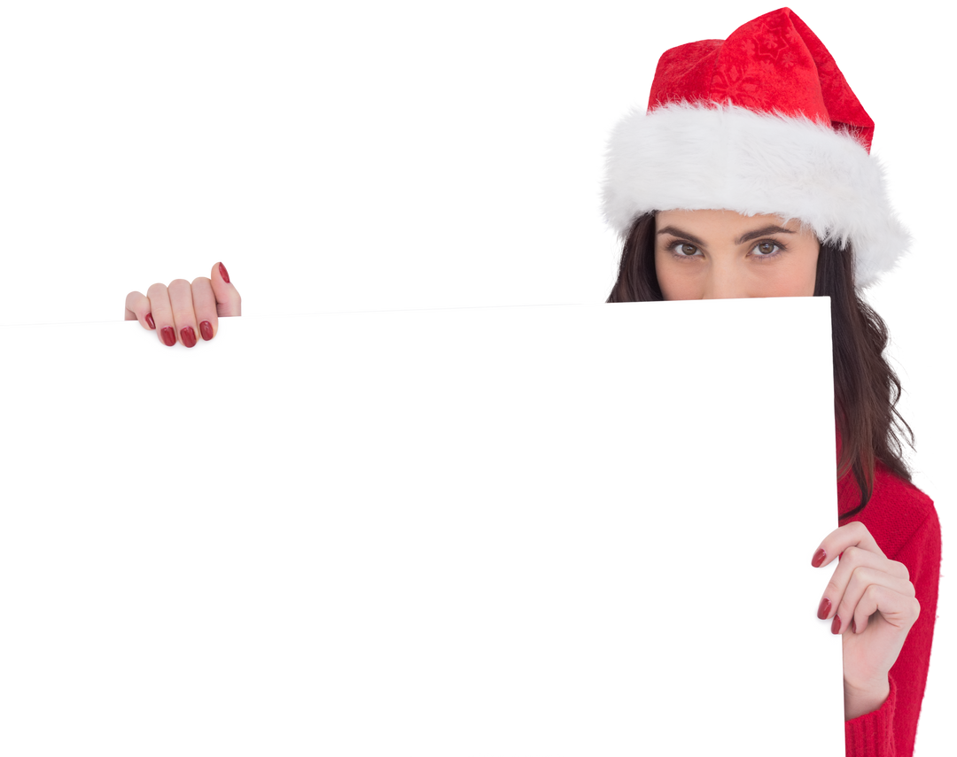 Beauty Brunette in Santa Hat Holding Blank White Poster Transparent Background - Download Free Stock Images Pikwizard.com