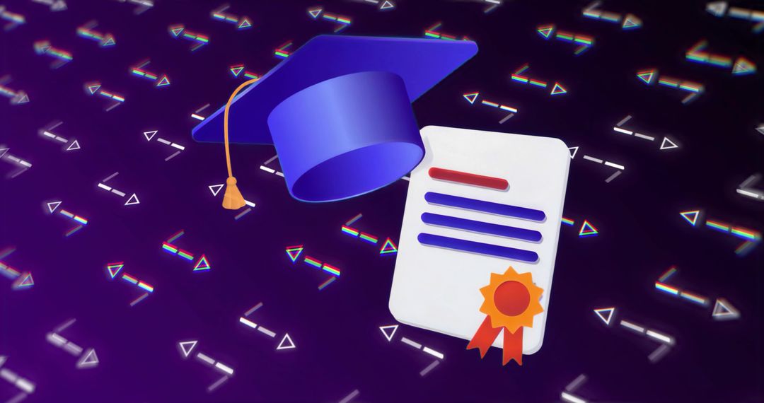 Floating graduation cap and diploma on purple glitch background for digital education
