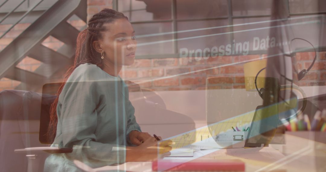 Innovative Businesswoman Analyzing Digital Data in Modern Workspace